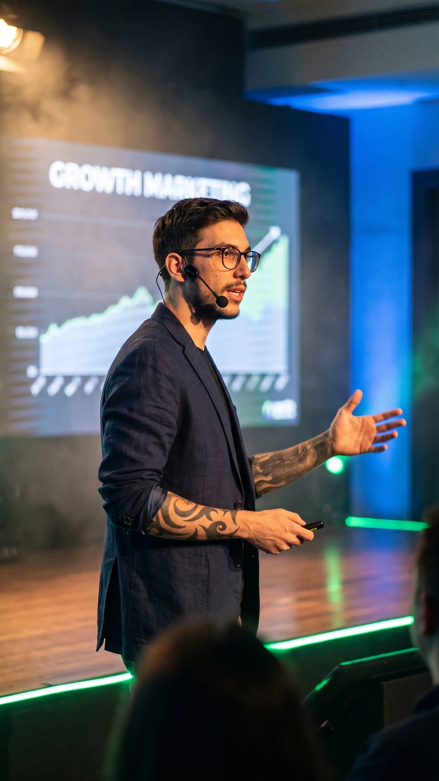 Matteo Coloru sul palco durante un intervento di growth marketing per i brand food
