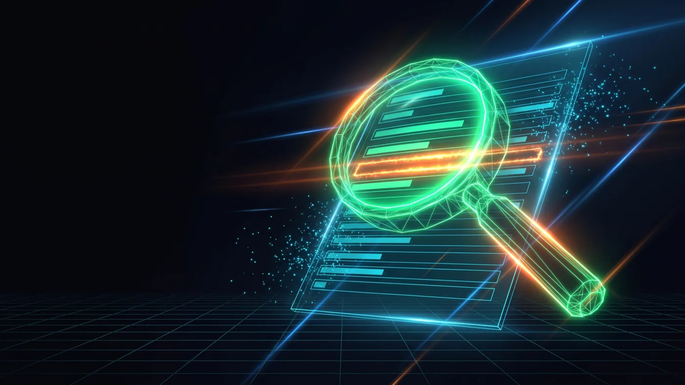 Lente wireframe neon che verifica il Food Radar riga per riga e trova il gap segnato in arancio