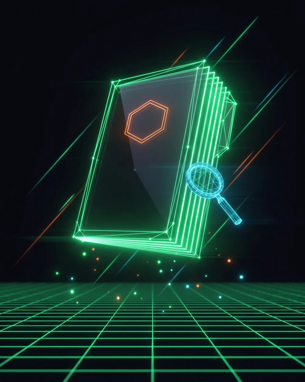 Il Food Radar come dossier wireframe neon con sigillo esagonale e lente di verifica