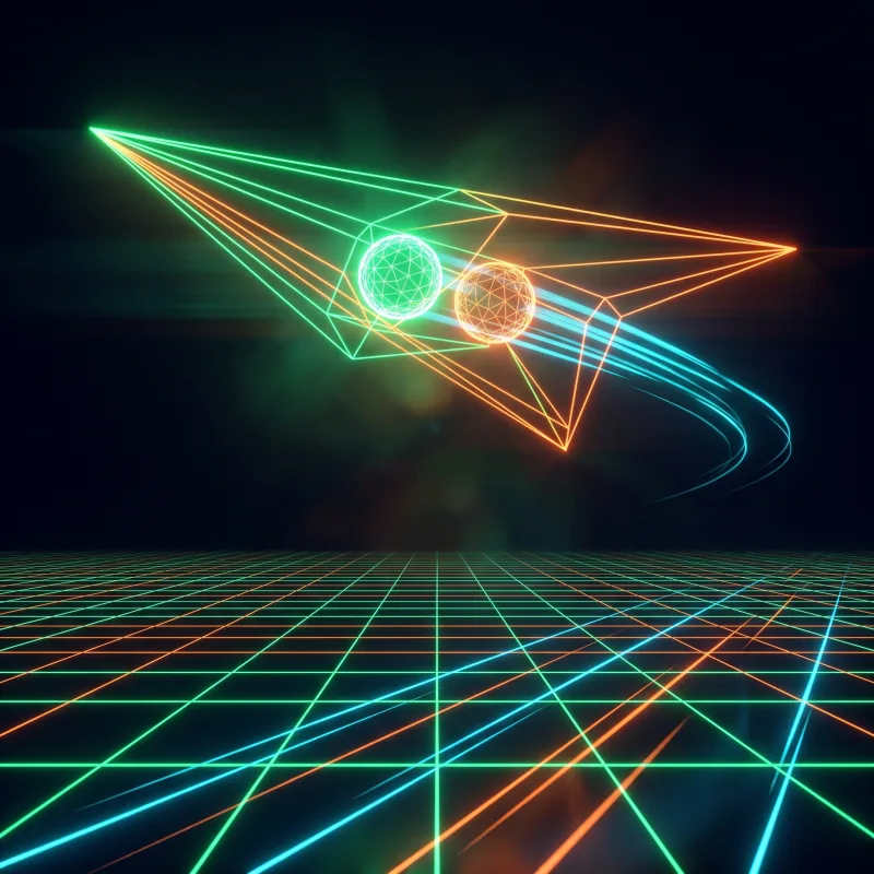 Aeroplanino wireframe neon che porta due nomi come due luci, verde e arancio