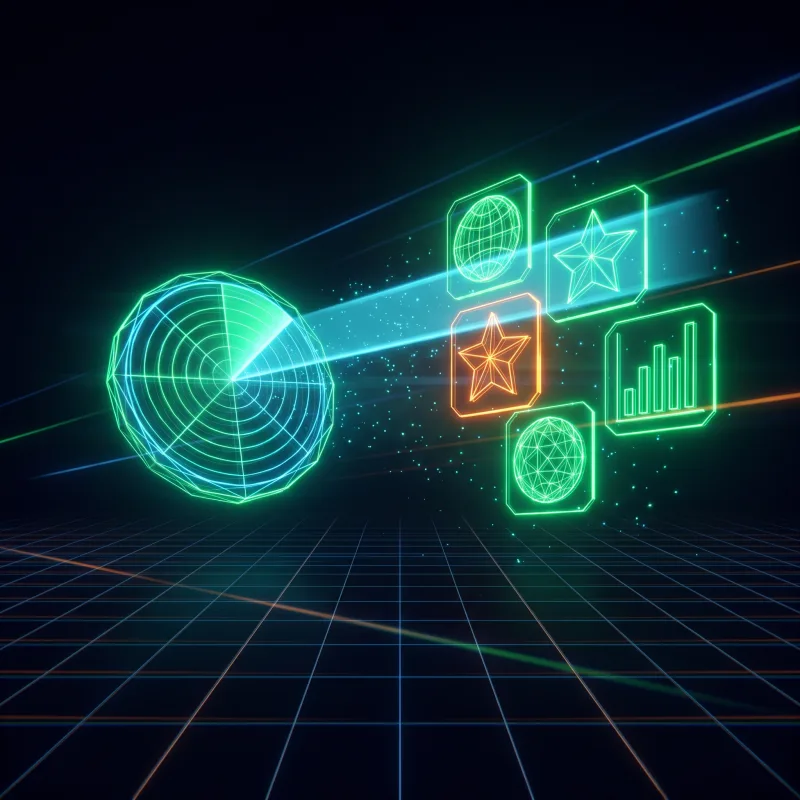 Radar wireframe neon che legge le fonti pubbliche del brand
