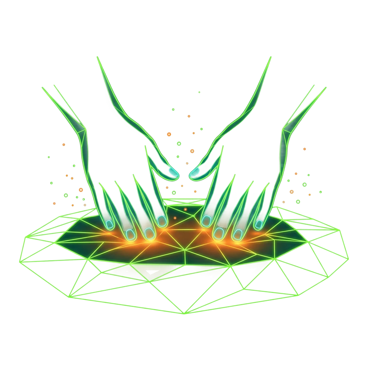 Mani che impastano - neon wireframe verde con scintille arancioni, simbolo della disciplina hands-on del growth marketing food