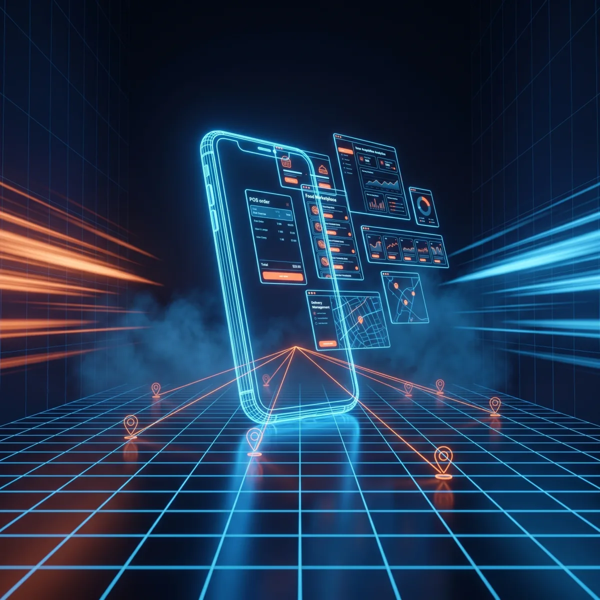 Food SaaS in stile neon-futurismo blu: smartphone con dashboard food, location pin e icone food sospese, mood tech