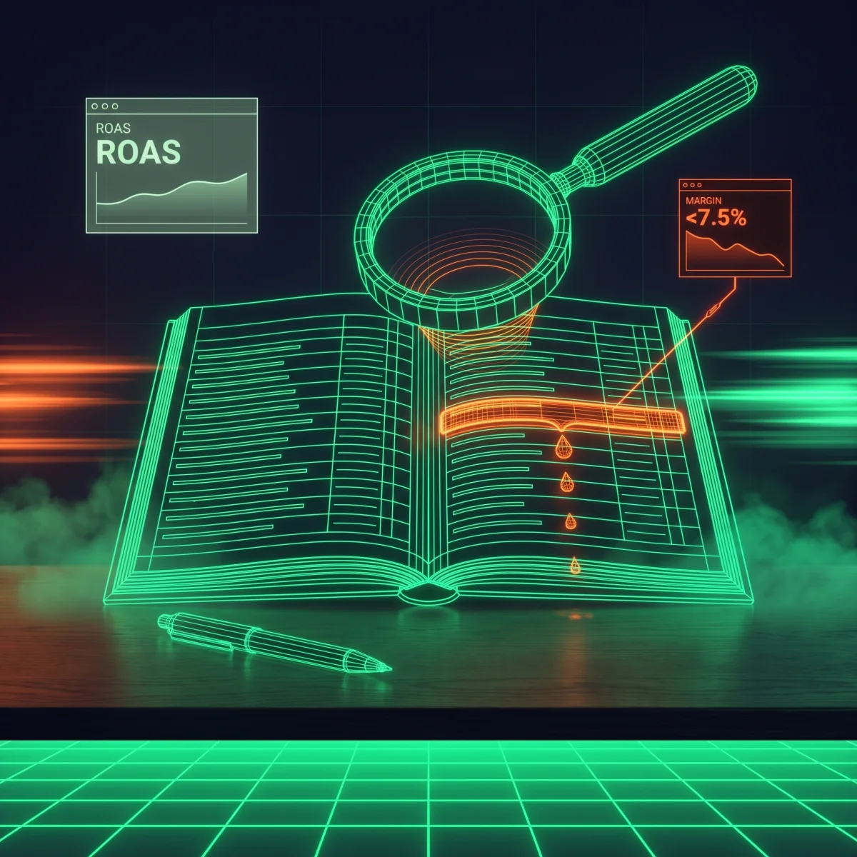 Growth strategy diagnostico: audit del conto economico con dashboard ROAS vetrina contrapposta al margine reale, lente che esamina il leak point nel quadro economico