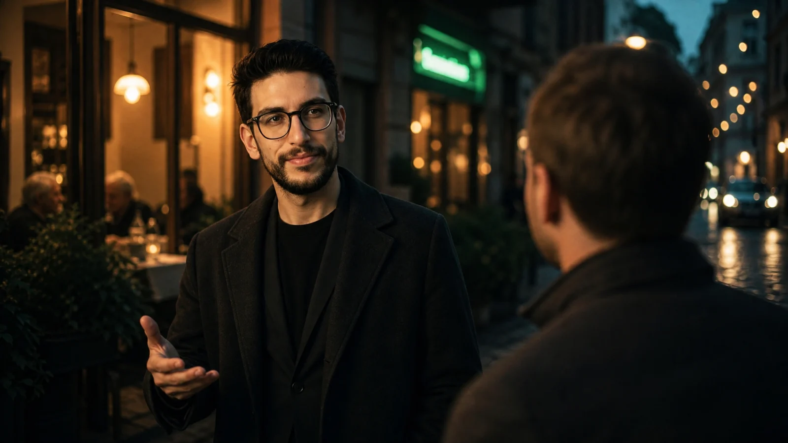 Matteo Coloru, growth manager per brand food, in conversazione con un cliente davanti al suo locale: l'architetto della crescita che studia il terreno e disegna il progetto