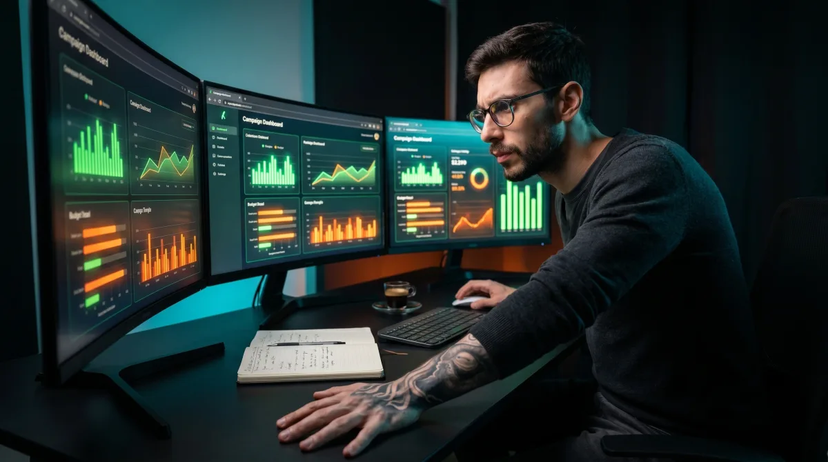 Matteo Coloru alla workstation multi-monitor con dashboard di gestione budget ads food